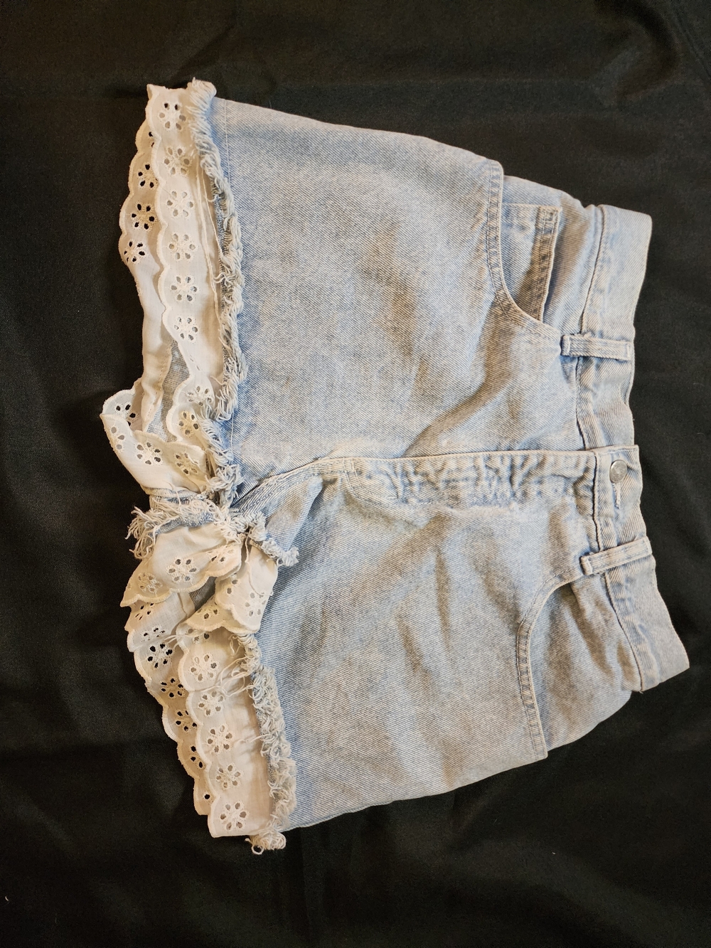 Light Blue Denim Shorts with White Eyelet Trim